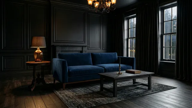 ゴシックダークなリビングルームとネイビーのベルベットソファ 2