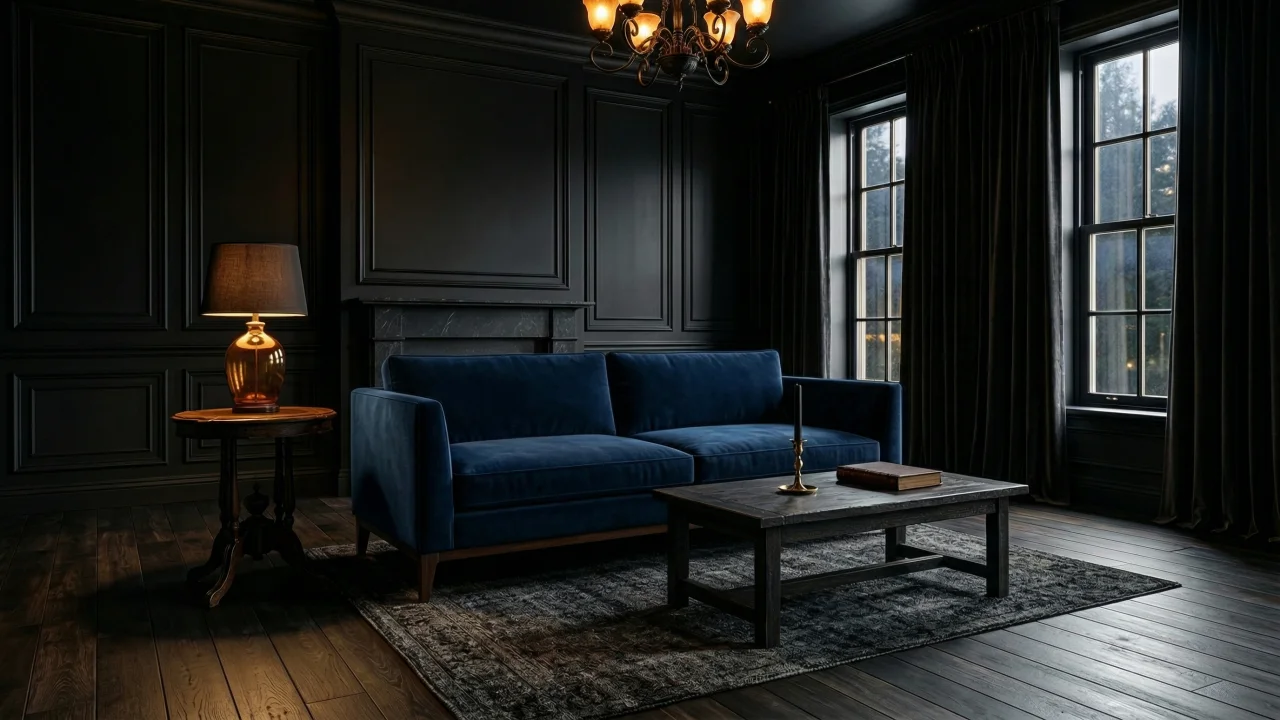 ゴシックダークなリビングルームとネイビーのベルベットソファ 2 デスクトップPC壁紙、背景画像