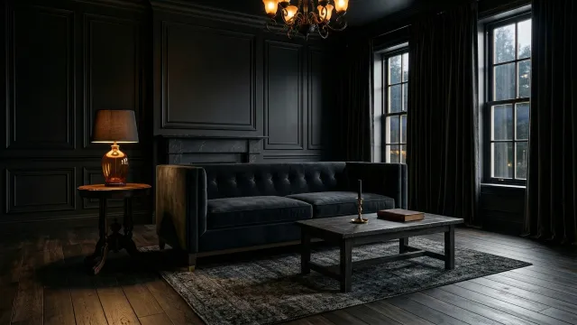 ゴシックダークなリビングルームとネイビーのベルベットソファ