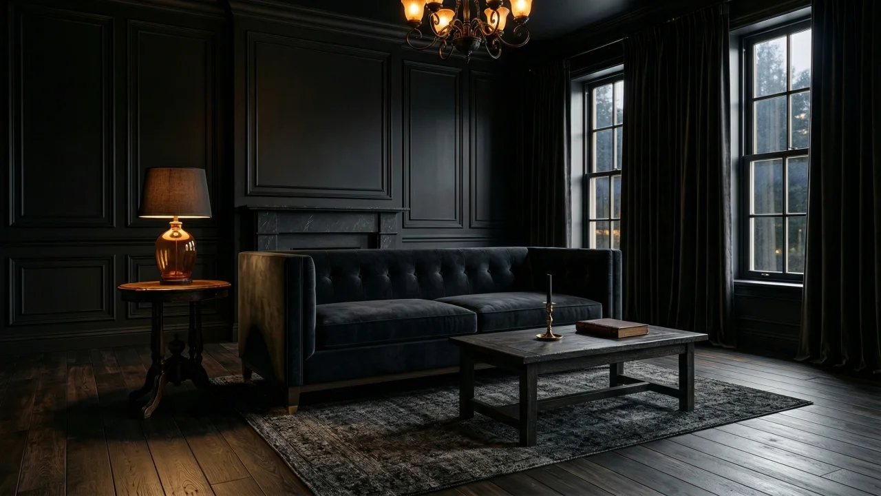 ゴシックダークなリビングルームとネイビーのベルベットソファ デスクトップPC壁紙、背景画像
