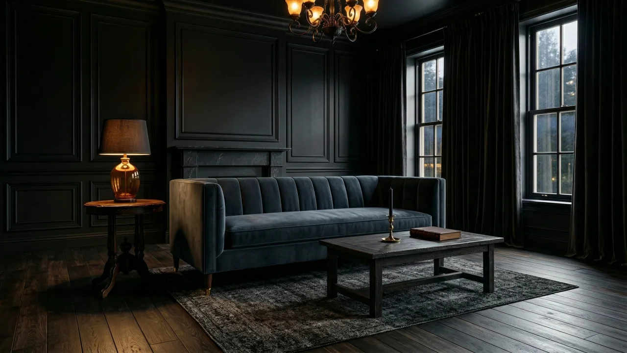 ゴシックダークなリビングルームとスレートブルーのチャンネルソファ デスクトップPC壁紙、背景画像