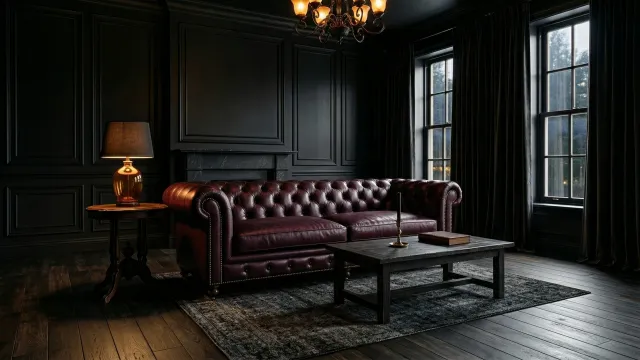 ゴシックダークなリビングルームとワインレッドのチェスターフィールドソファ