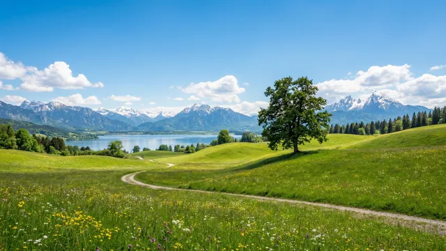 緑の丘と一本木と湖の爽やかな風景