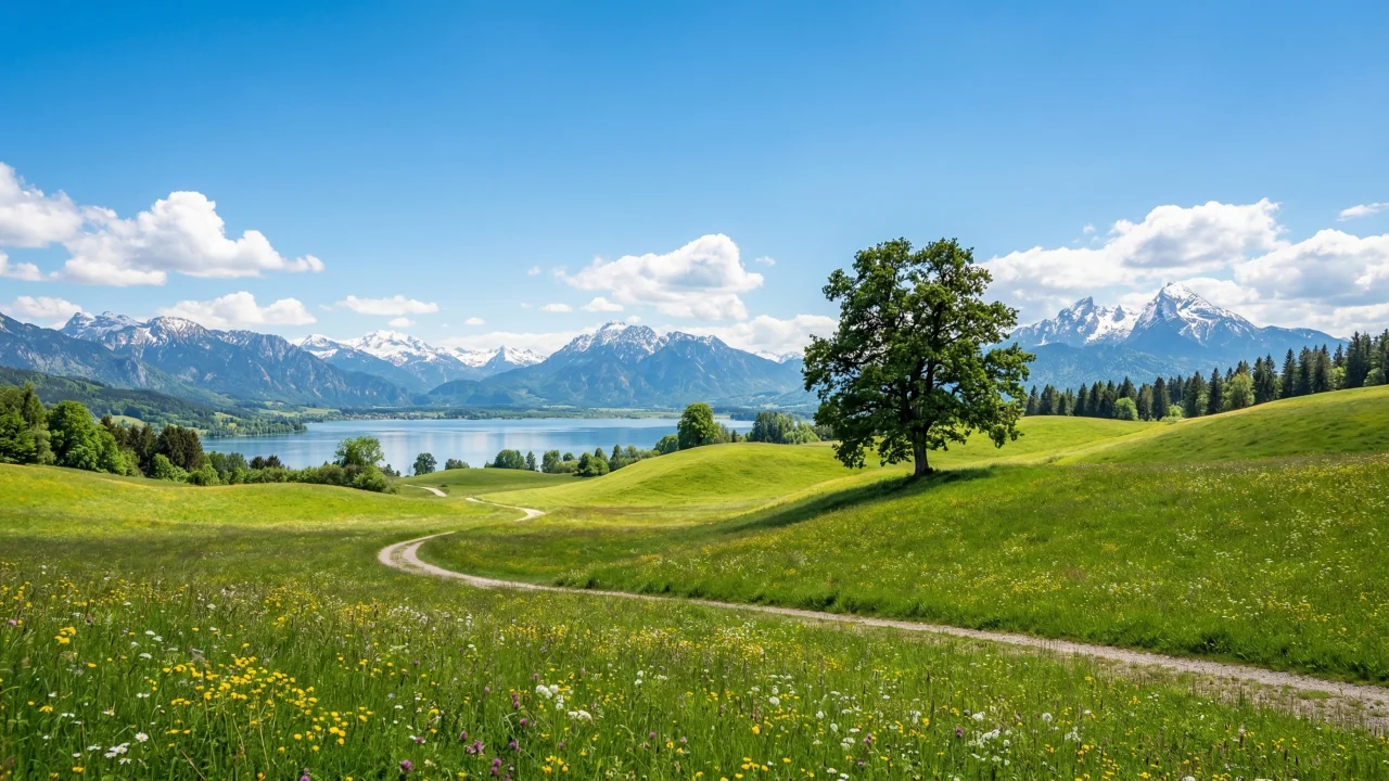 緑の丘と一本木と湖の爽やかな風景 デスクトップPC壁紙、背景画像