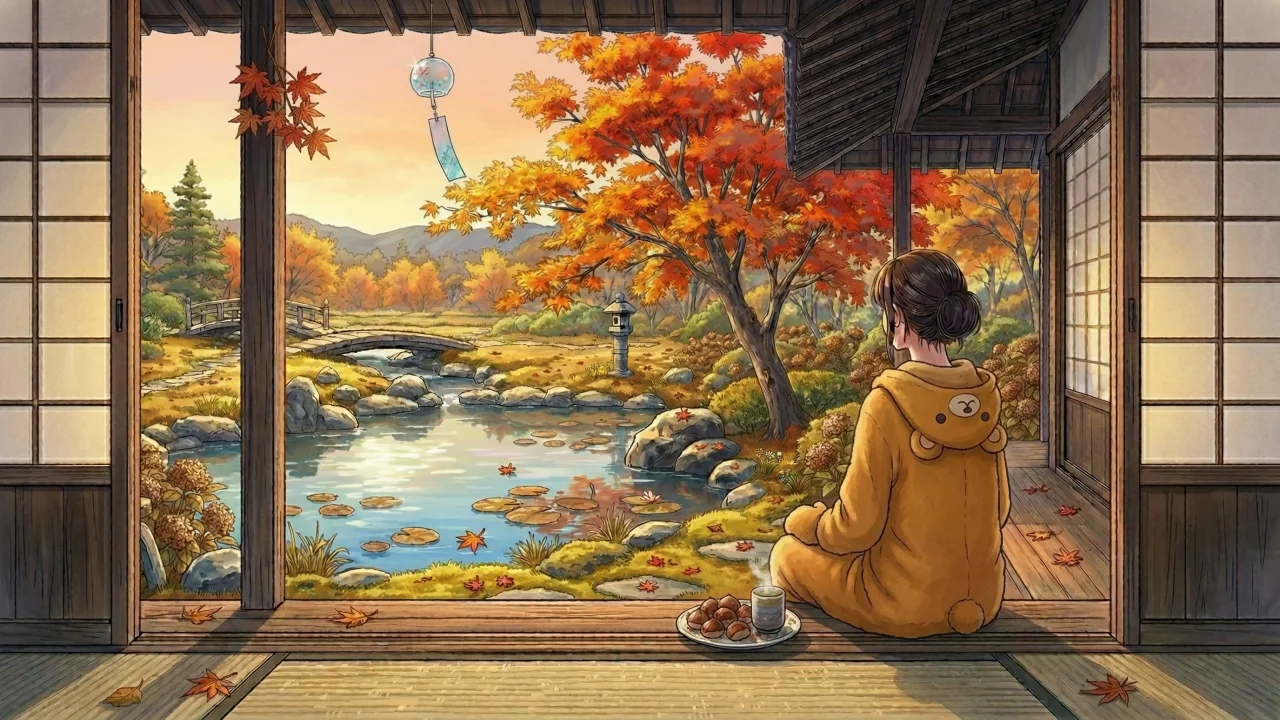 秋の日本庭園と女性 縁側から眺める紅葉と風鈴 デスクトップPC壁紙、背景画像