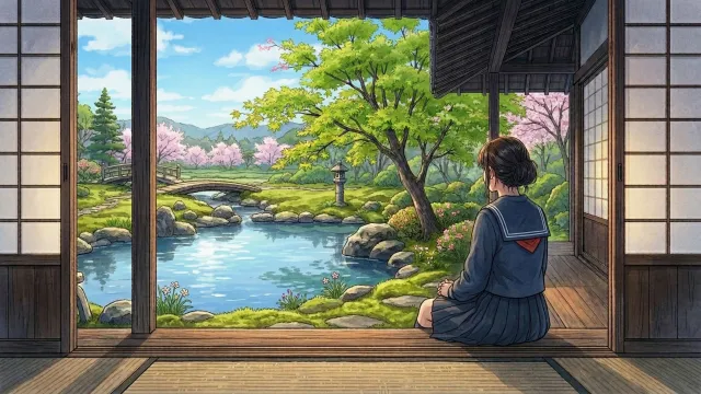 春の日本庭園と女性 縁側から眺める桜と新緑