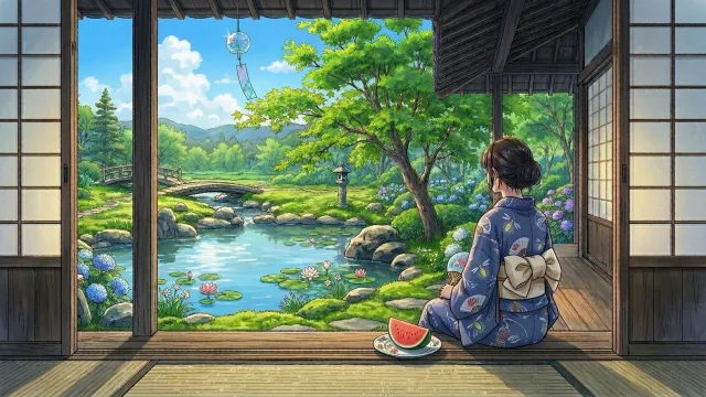 夏の日本庭園と女性 縁側から眺める紫陽花と風鈴