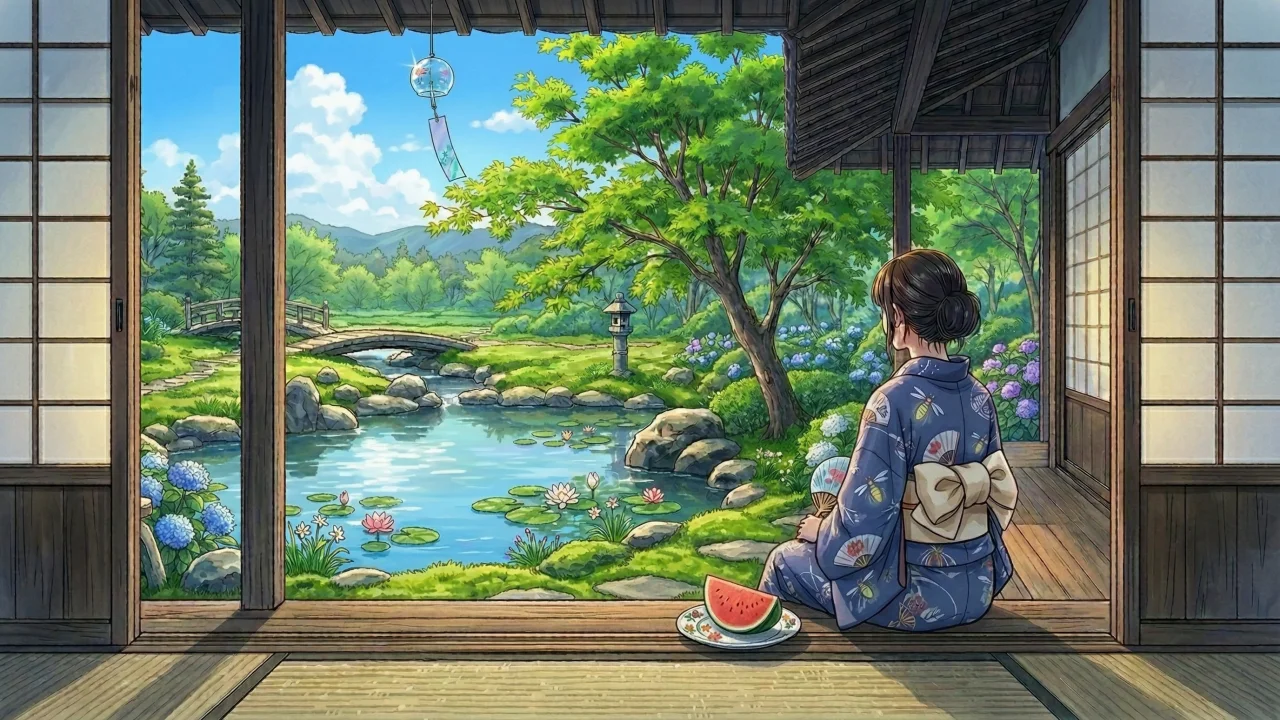夏の日本庭園と女性 縁側から眺める紫陽花と風鈴 デスクトップPC壁紙、背景画像