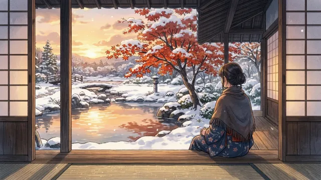 冬の日本庭園と女性 縁側から眺める雪景色と夕焼け