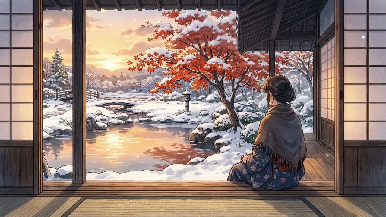 冬の日本庭園と女性 縁側から眺める雪景色と夕焼け デスクトップPC壁紙、背景画像