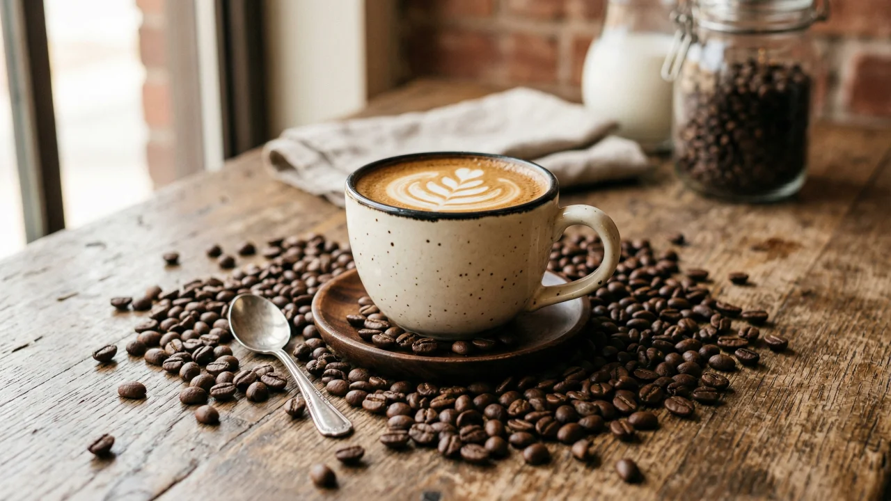 ラテアートのコーヒーカップとコーヒー豆 デスクトップPC壁紙、背景画像