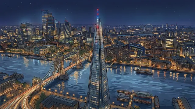 ロンドン風夜景俯瞰イラスト タワーブリッジとテムズ川