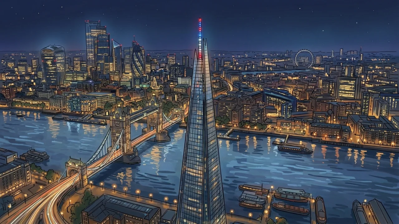 ロンドン風夜景俯瞰イラスト タワーブリッジとテムズ川 デスクトップPC壁紙、背景画像