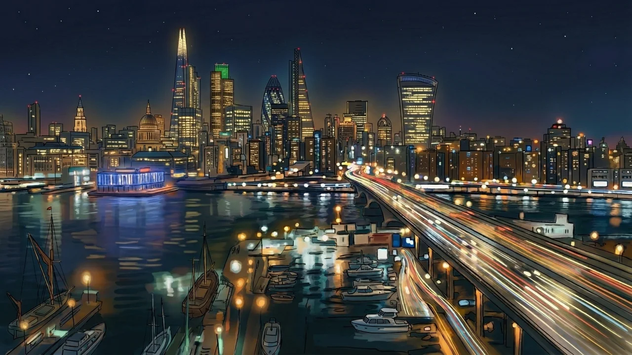 ロンドン風夜景イラスト テムズ川とシティのスカイライン デスクトップPC壁紙、背景画像