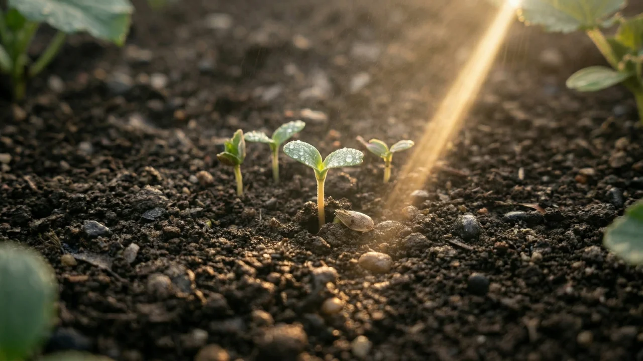 朝日の光芒の中で芽吹く複数の新芽 デスクトップPC壁紙、背景画像