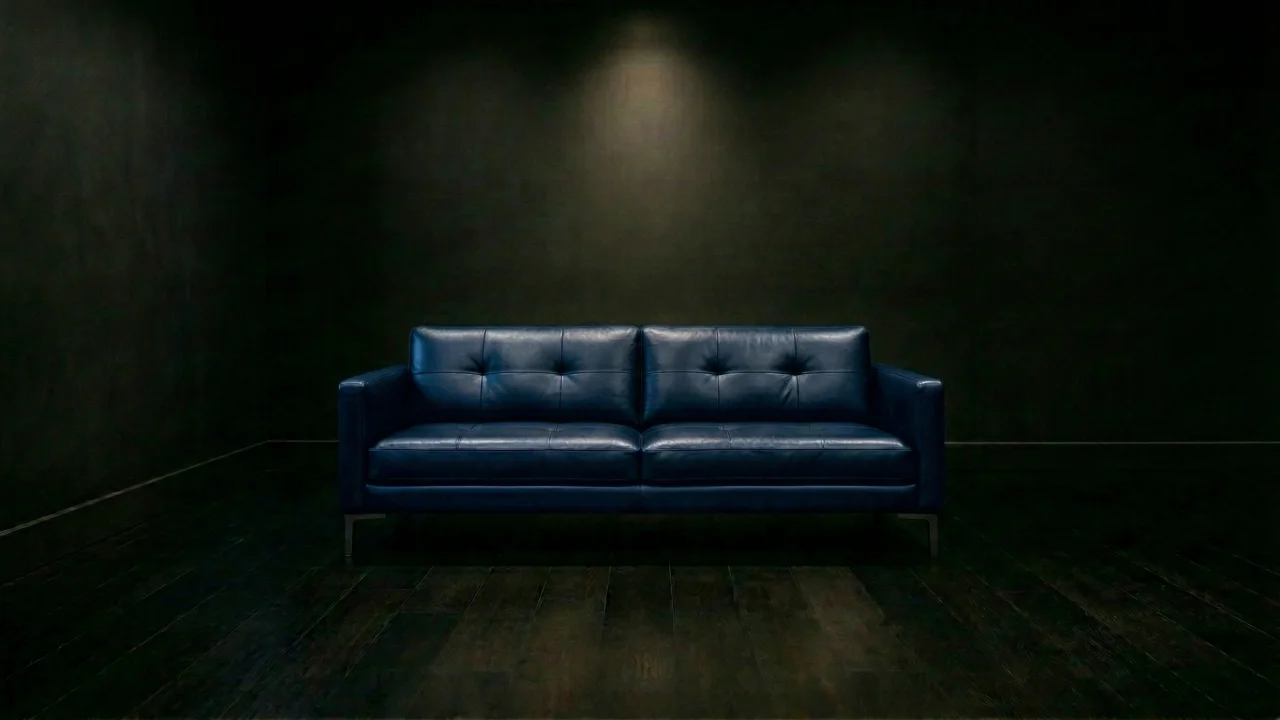 暗闇に佇むネイビーブルーのレザーソファ 2 デスクトップPC壁紙、背景画像
