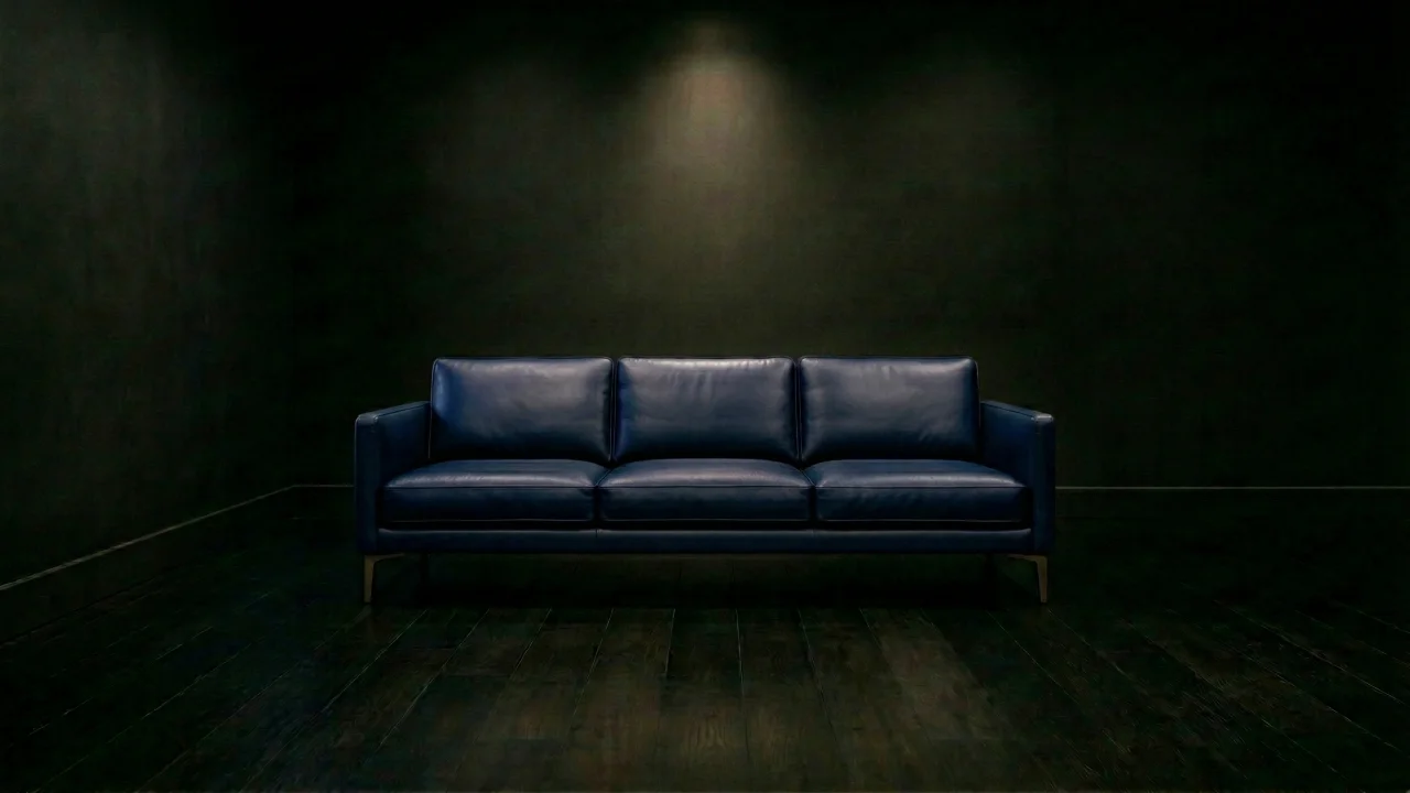 暗闇に佇むネイビーブルーのレザーソファ デスクトップPC壁紙、背景画像