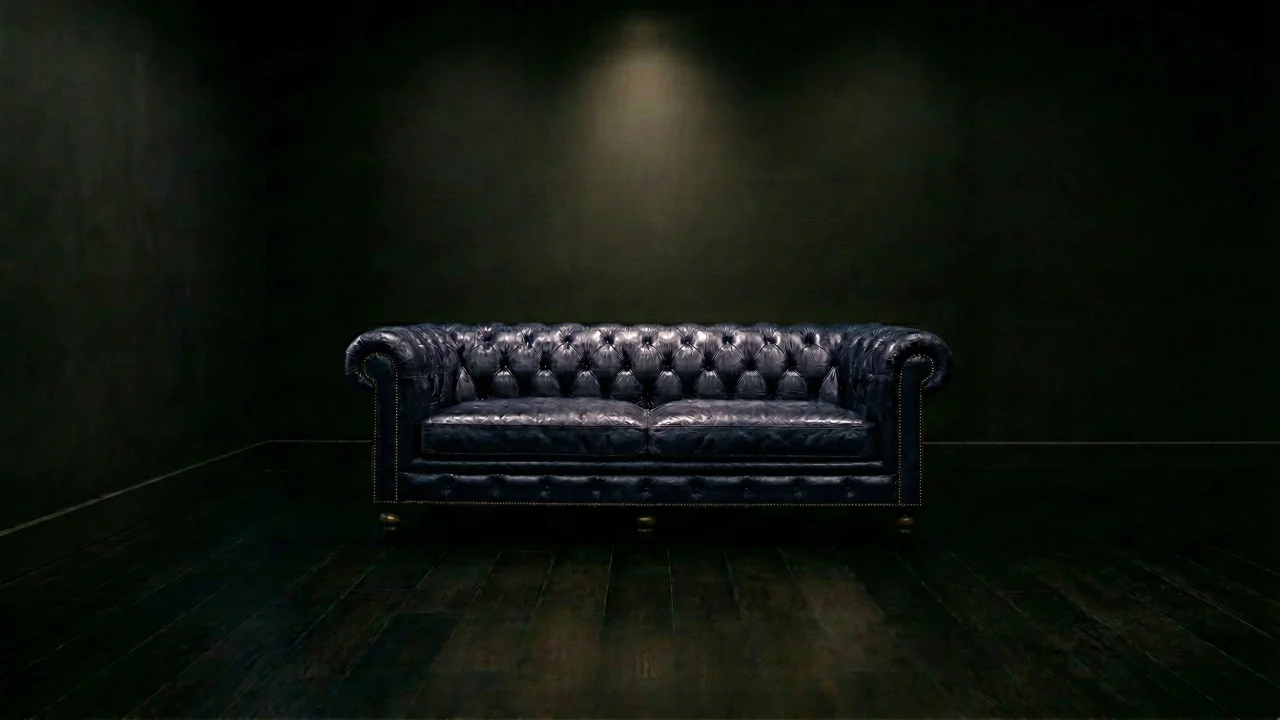 暗闇に佇むネイビーのチェスターフィールドソファ デスクトップPC壁紙、背景画像