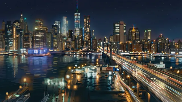 ニューヨーク夜景イラスト マンハッタンスカイラインと橋