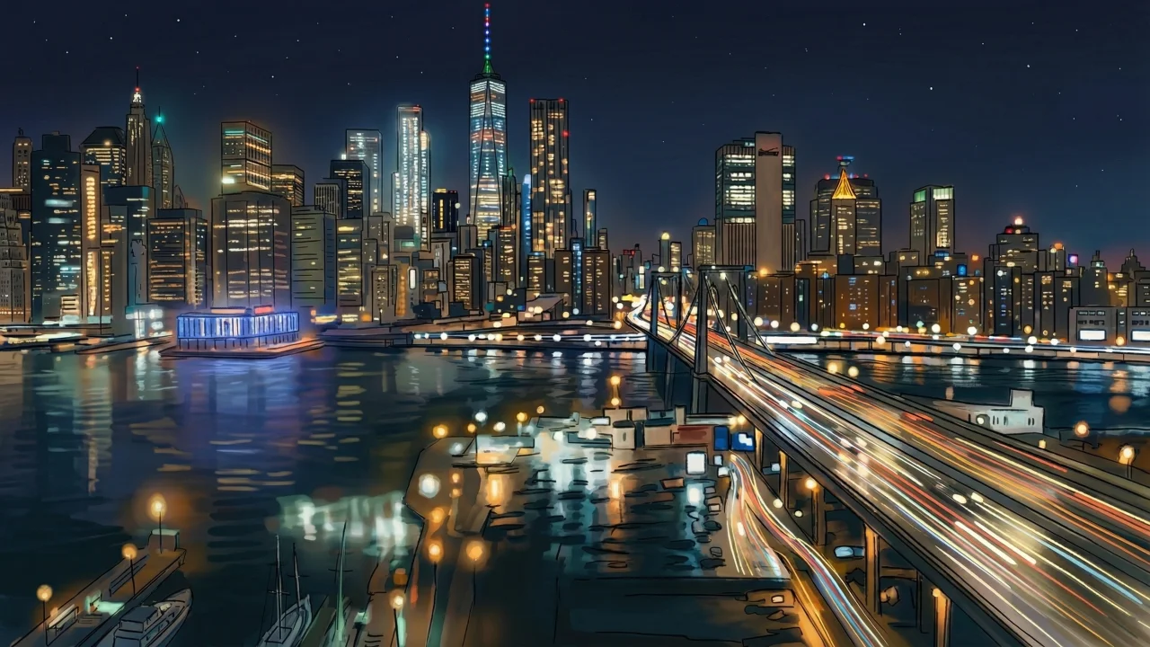 ニューヨーク夜景イラスト マンハッタンスカイラインと橋 デスクトップPC壁紙、背景画像