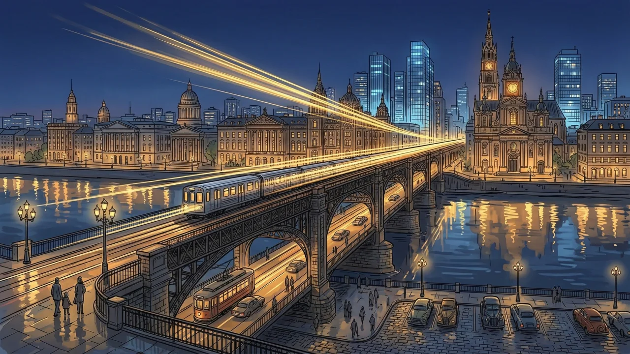 夜の橋と都市のイラスト 光跡と川のリフレクション デスクトップPC壁紙、背景画像