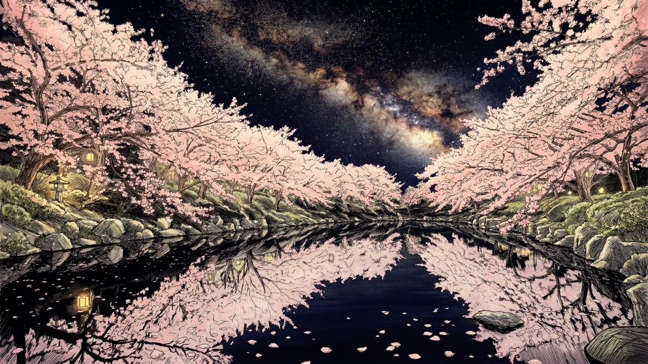 夜桜イラスト 天の川と池のリフレクション（色付きバージョン） デスクトップPC壁紙、背景画像