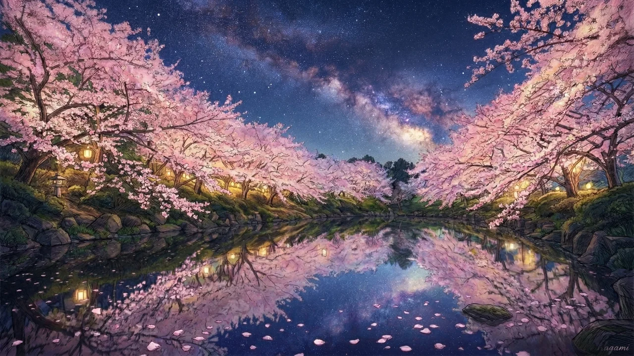 夜桜イラスト 天の川と池のリフレクション デスクトップPC壁紙、背景画像