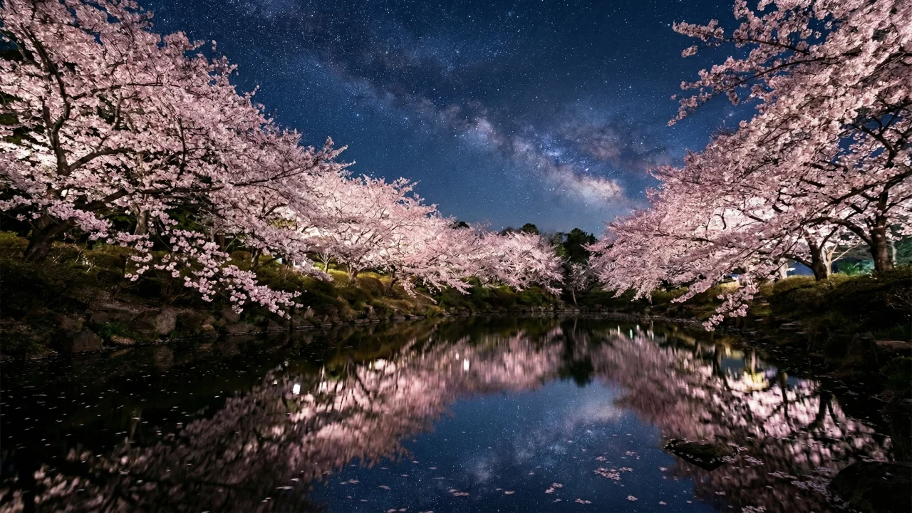 夜桜と天の川が池に映る幻想的な夜景 デスクトップPC壁紙、背景画像