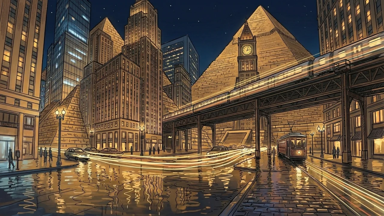 ピラミッドと近未来都市が融合した夜景イラスト デスクトップPC壁紙、背景画像