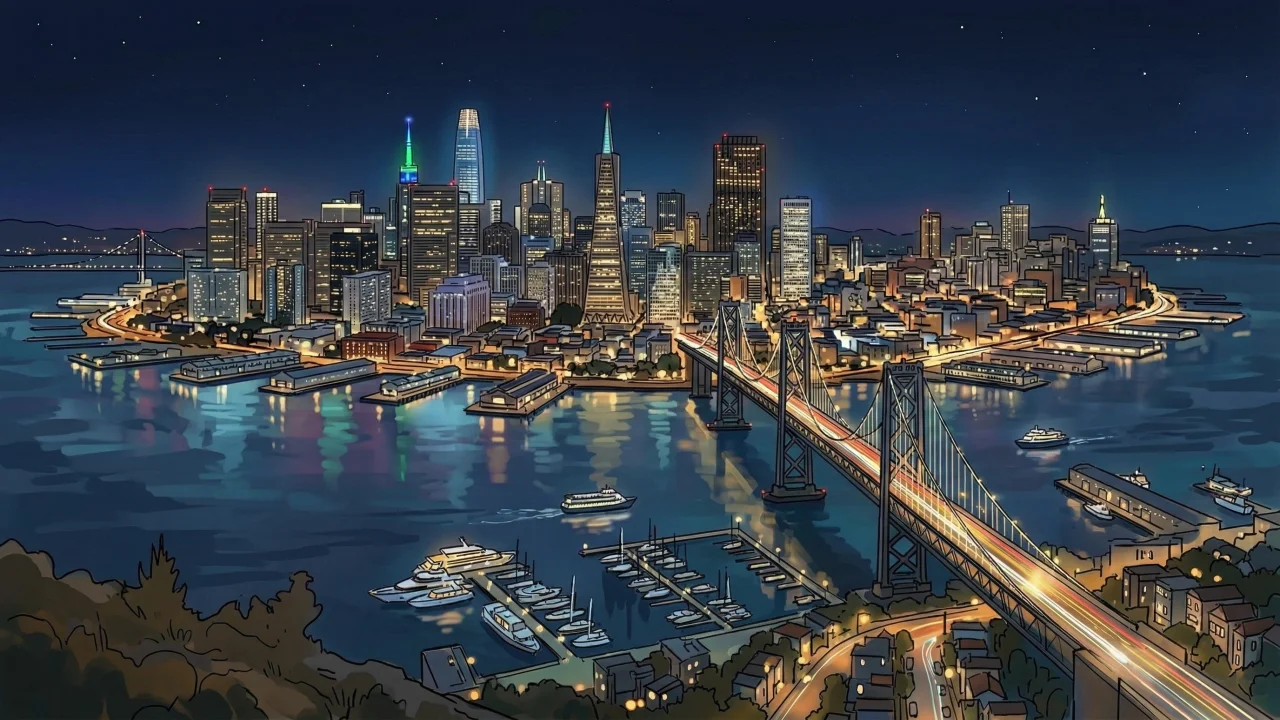 サンフランシスコ風夜景俯瞰イラスト ベイブリッジとマリーナ デスクトップPC壁紙、背景画像