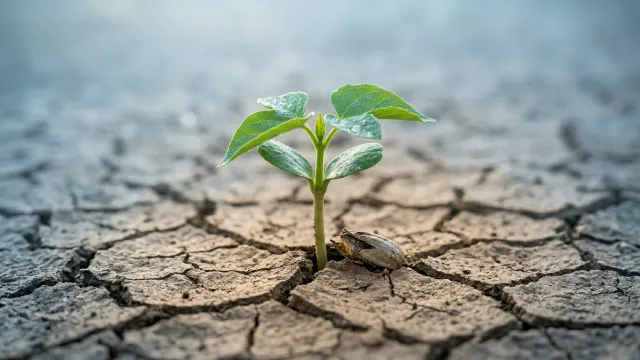 ひび割れた乾いた大地から芽吹く新芽
