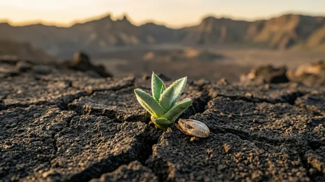 荒れた大地の亀裂から芽吹く新芽 夕景