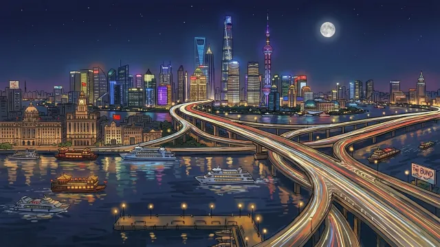 上海風夜景イラスト 外灘と黄浦江の光跡