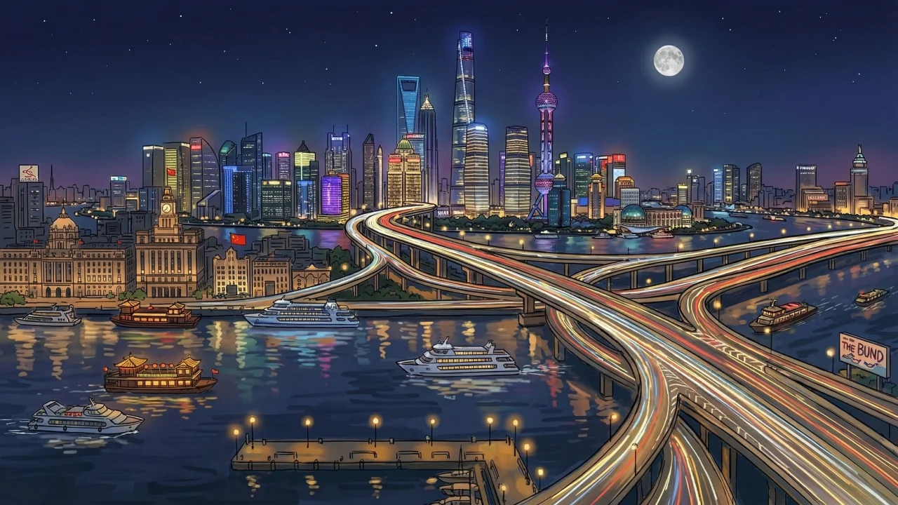 上海風夜景イラスト 外灘と黄浦江の光跡 デスクトップPC壁紙、背景画像