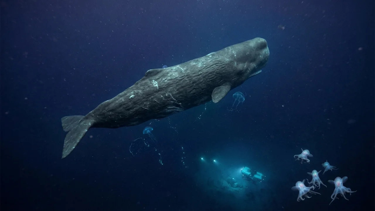 深海のマッコウクジラとダイバー デスクトップPC壁紙、背景画像