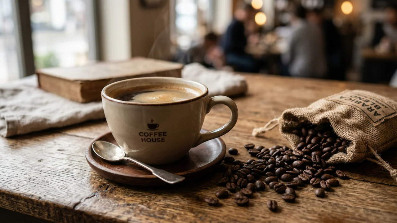 湯気立つコーヒーカップと麻袋のカフェ風景 デスクトップPC壁紙、背景画像
