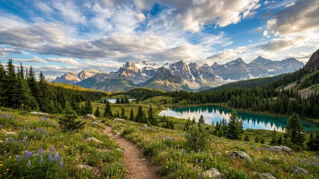 高山湖と雄大な山脈の夏の絶景