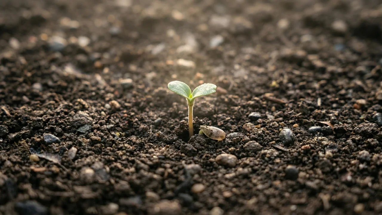 土から芽吹く小さな新芽 クローズアップ デスクトップPC壁紙、背景画像