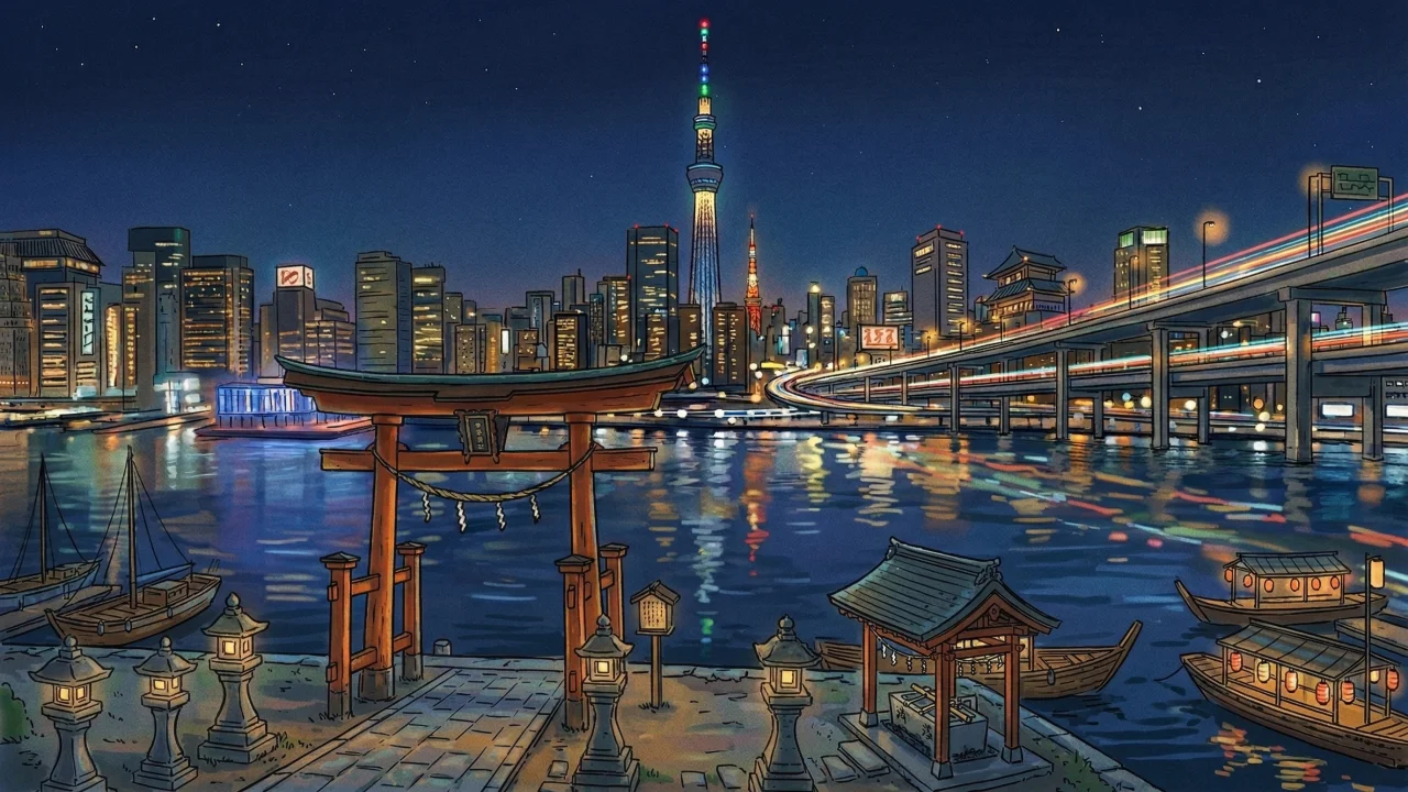 東京夜景イラスト 鳥居越しに望むスカイツリーと隅田川 デスクトップPC壁紙、背景画像