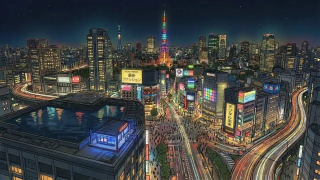 東京風夜の都市俯瞰イラスト ネオン看板と鉄塔