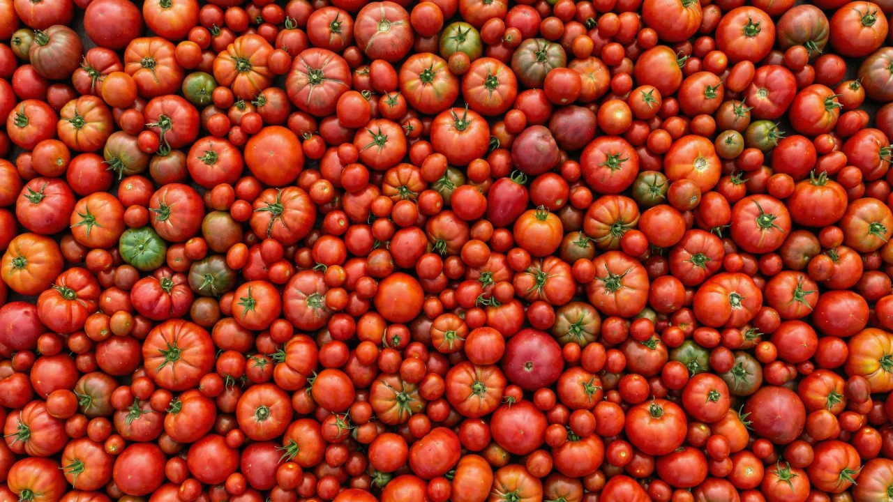 トマトが敷き詰められたトップダウンビュー デスクトップPC壁紙、背景画像