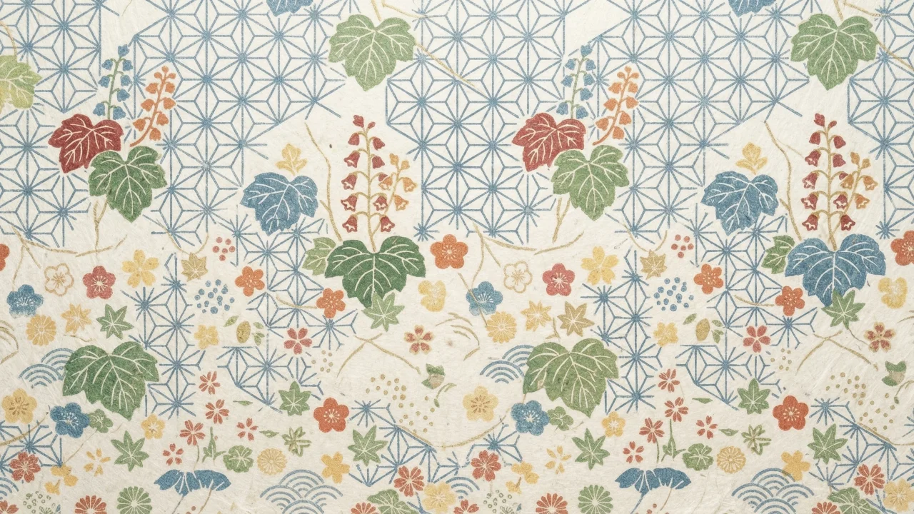 和紙柄（桐・麻の葉・草花） デスクトップPC壁紙、背景画像