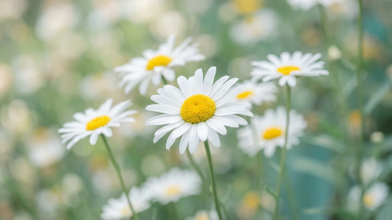 白いデイジー クローズアップ（複数輪・グリーンボケ背景） デスクトップPC壁紙、背景画像