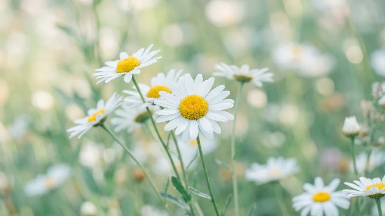 白いデイジー 野原のクローズアップ（ナチュラルボケ・複数輪） デスクトップPC壁紙、背景画像