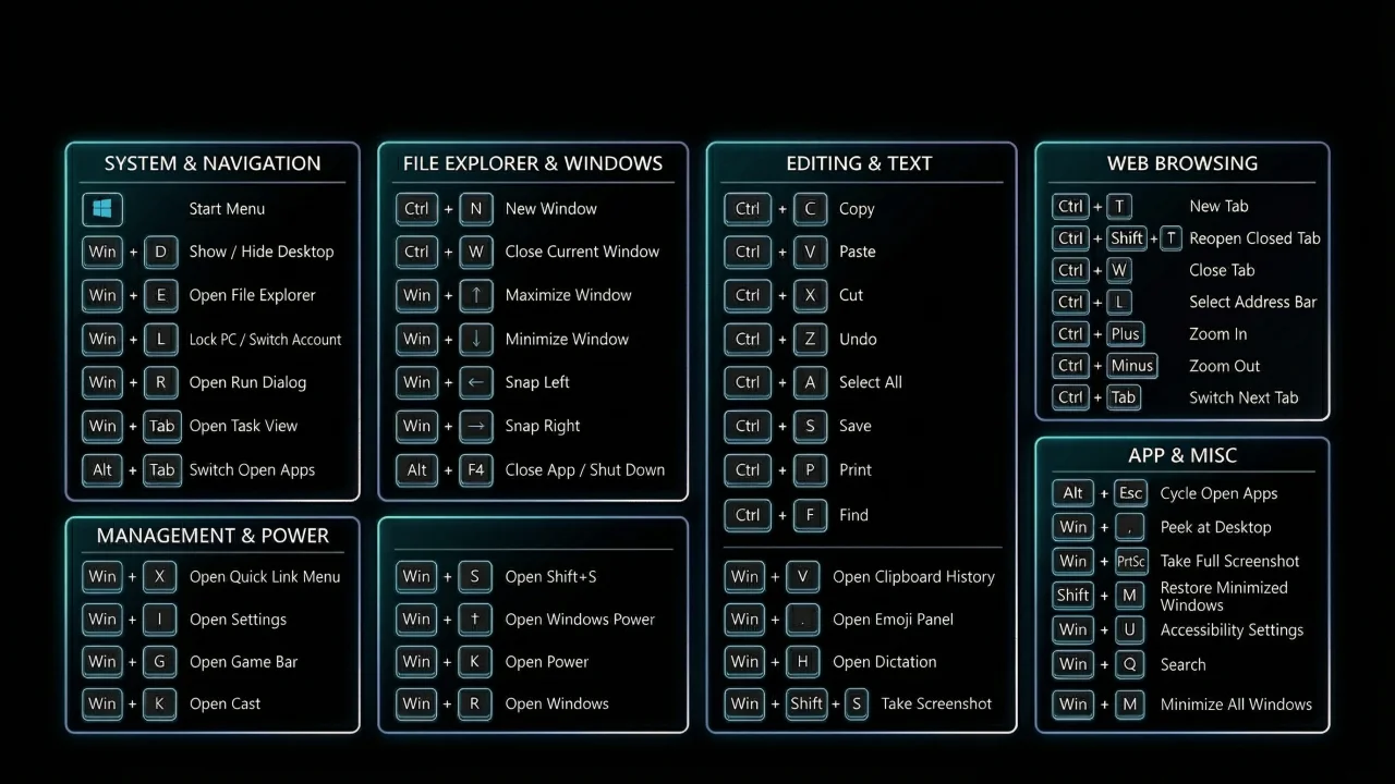 Windowsキーボードショートカット チートシート（英語） デスクトップPC壁紙、背景画像