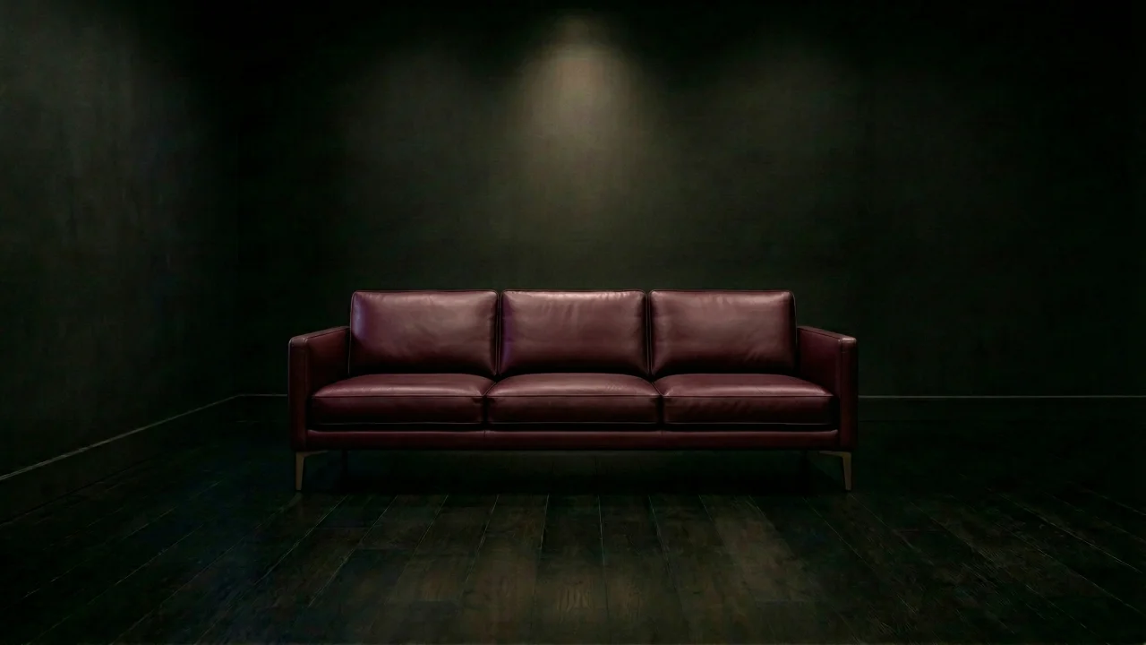 暗闇に佇むワインレッドの3シーターレザーソファ デスクトップPC壁紙、背景画像