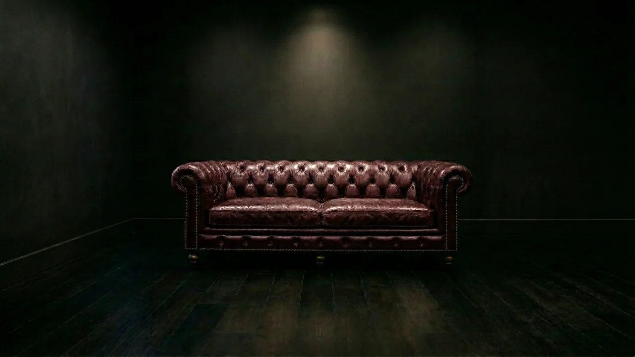 暗闇に佇むワインレッドのチェスターフィールドソファ デスクトップPC壁紙、背景画像