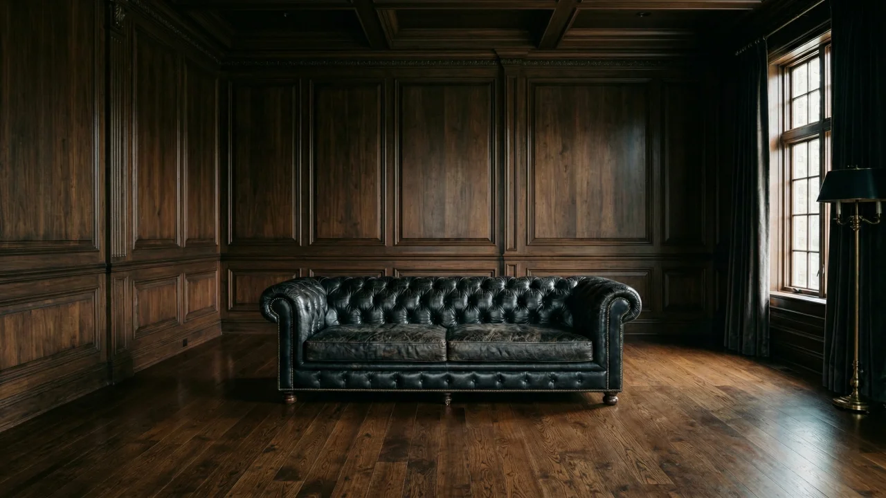 ウッドパネルの部屋と黒いチェスターフィールドソファ デスクトップPC壁紙、背景画像