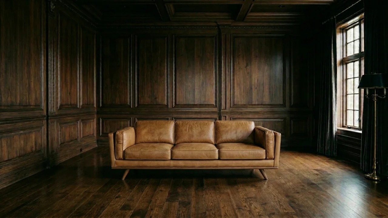 ウッドパネルの部屋とキャメルのミッドセンチュリーレザーソファ デスクトップPC壁紙、背景画像