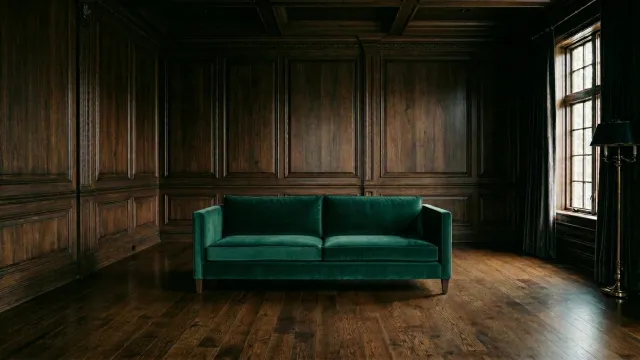 ウッドパネルの部屋とエメラルドグリーンのベルベットソファ